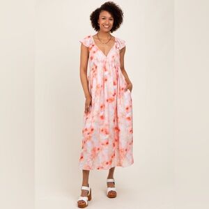 NWT In February Floral Watercolor Coral Flutter Sleeve Midi Dress